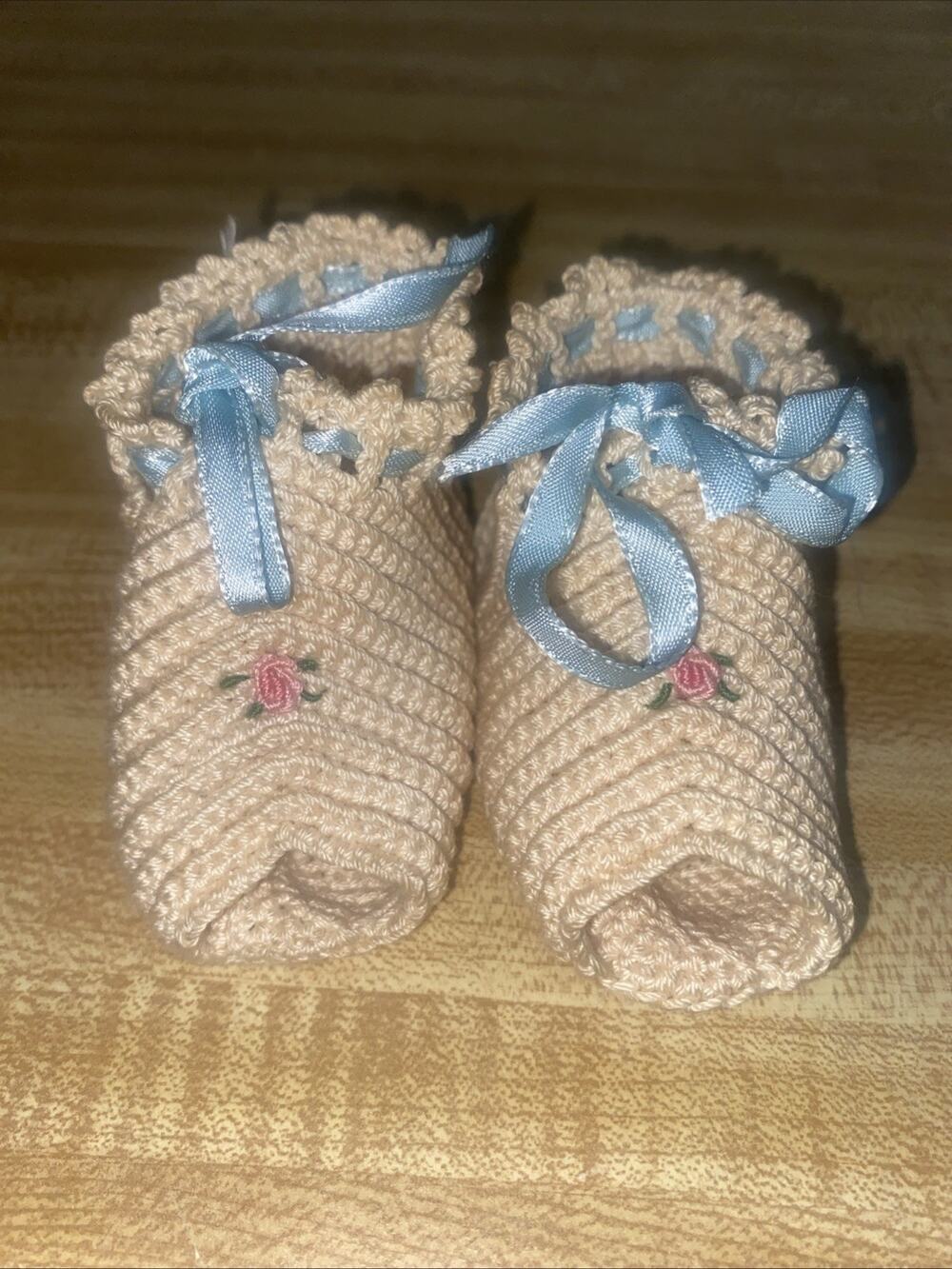 Vintage Baby Crochet Shoes Cream Lace Ribbon Christening Shoes Handmade Newborn